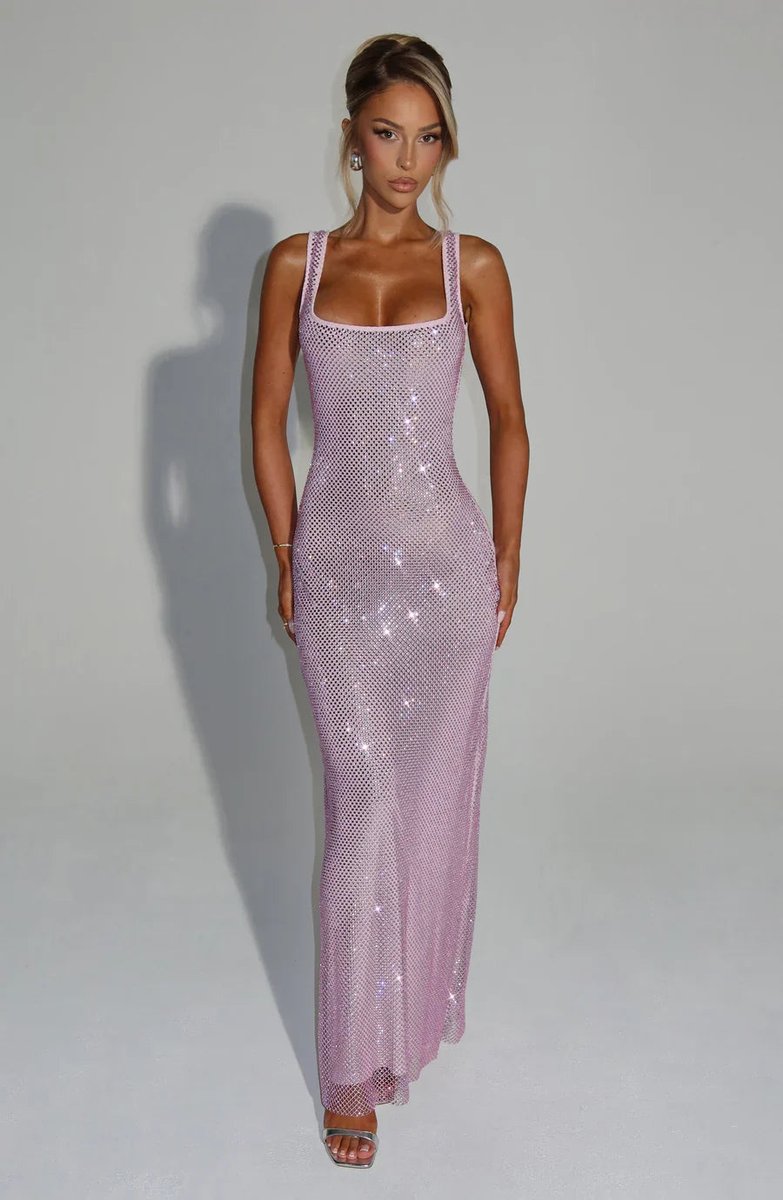 Square neck sequin maxi dress with low scoop back and side slit - view 23