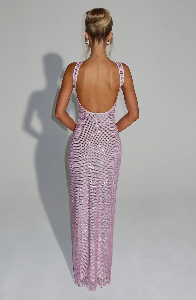 Square neck sequin maxi dress with low scoop back and side slit - view 24