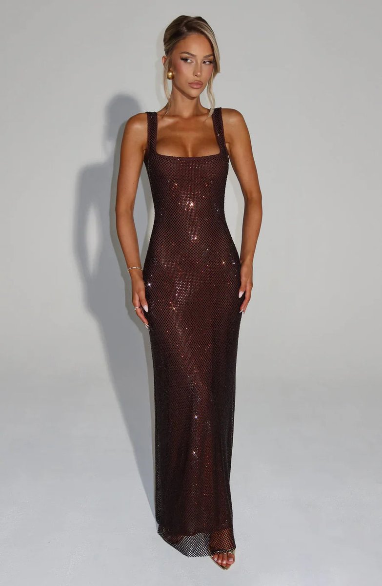 Square neck sequin maxi dress with low scoop back and side slit - view 25
