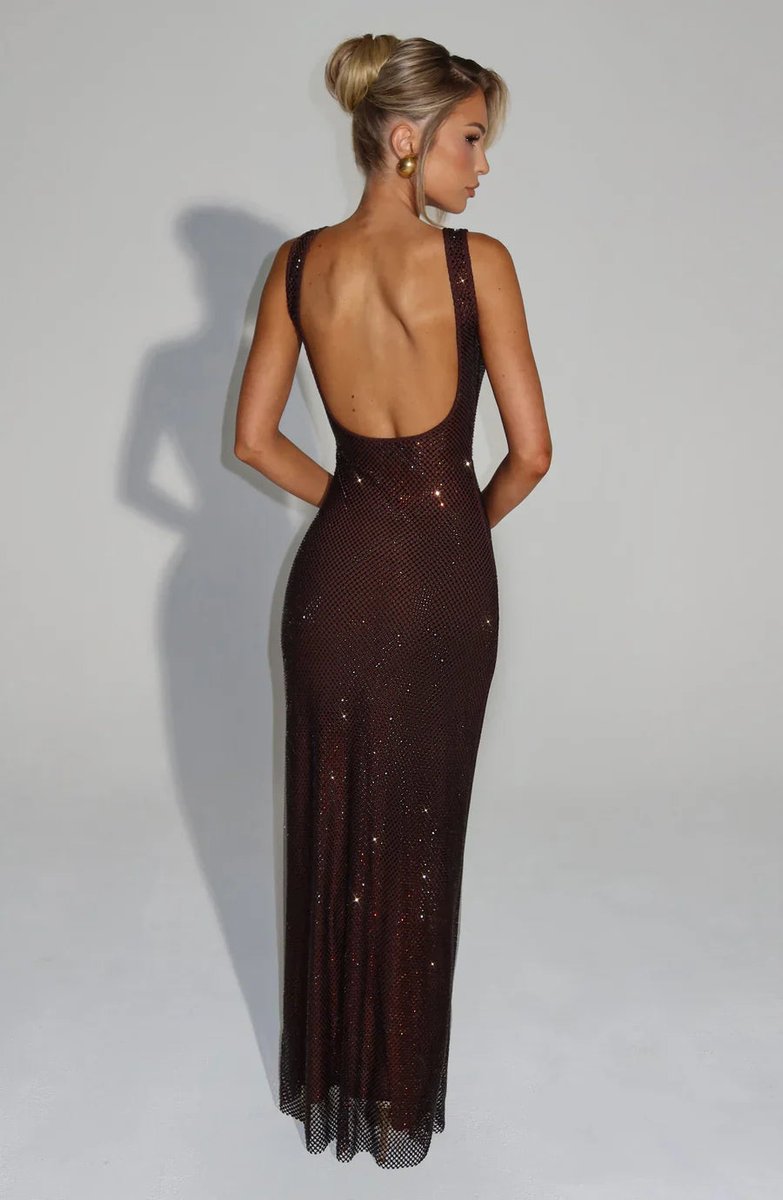 Square neck sequin maxi dress with low scoop back and side slit - view 26