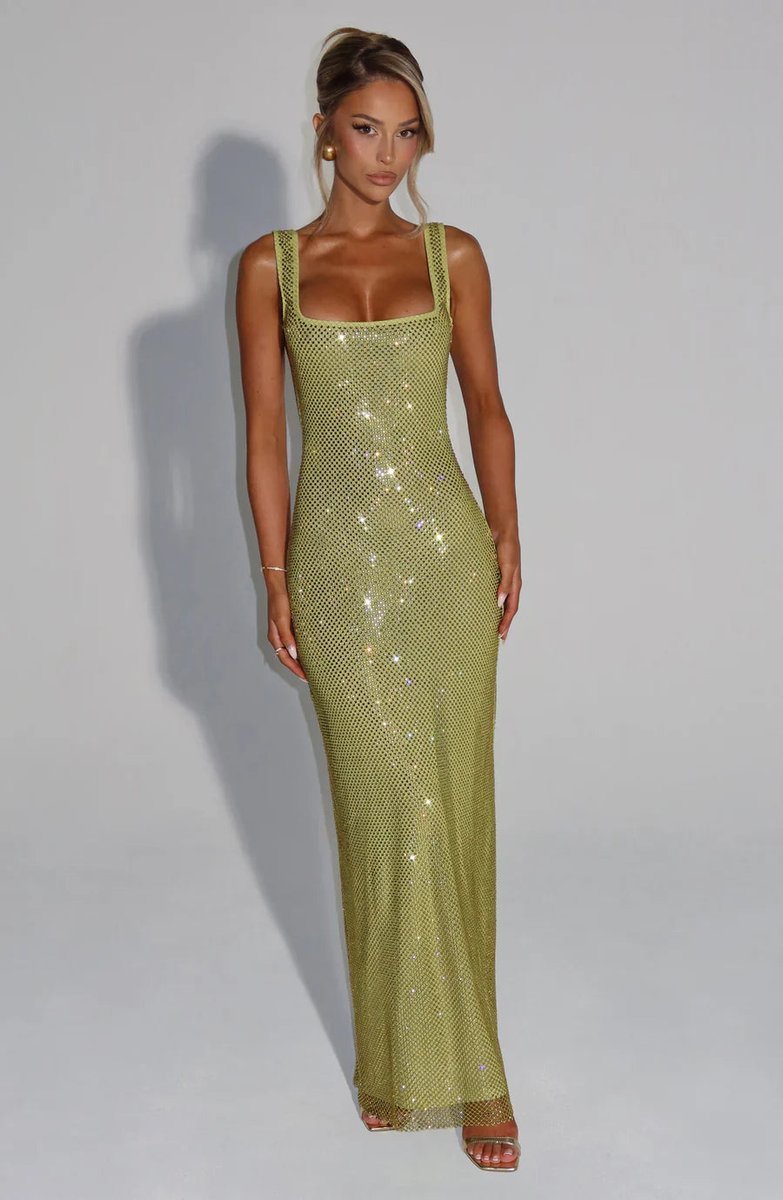Square neck sequin maxi dress with low scoop back and side slit - view 27