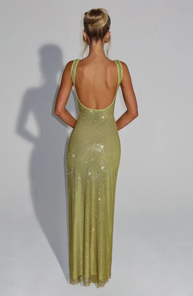 Square neck sequin maxi dress with low scoop back and side slit - view 28