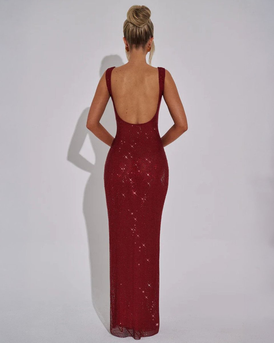 Square neck sequin maxi dress with low scoop back and side slit - view 5