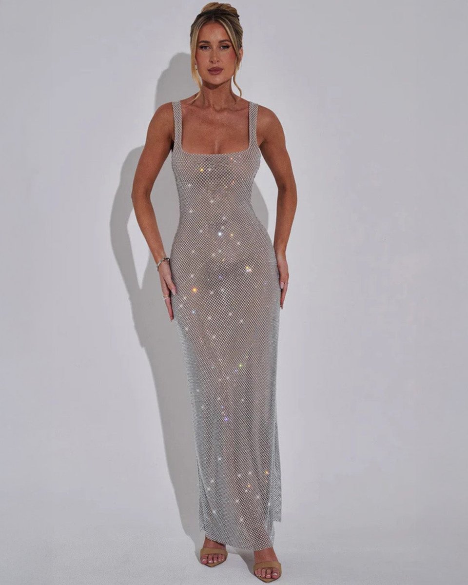 Square neck sequin maxi dress with low scoop back and side slit - view 6