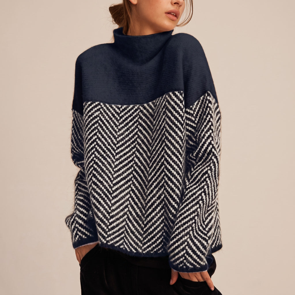Roll Neck Jumper Womens Chevron Colour Block Yoke Relaxed Fit Dropped Shoulder