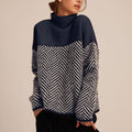 Roll Neck Jumper Womens Chevron Colour Block Yoke Relaxed Fit Dropped Shoulder