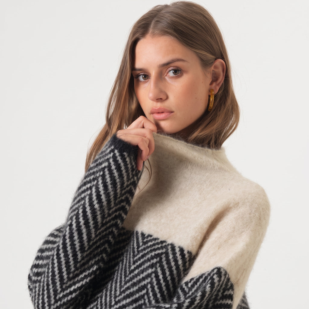 Roll Neck Jumper Womens Chevron Colour Block Yoke Relaxed Fit Dropped Shoulder