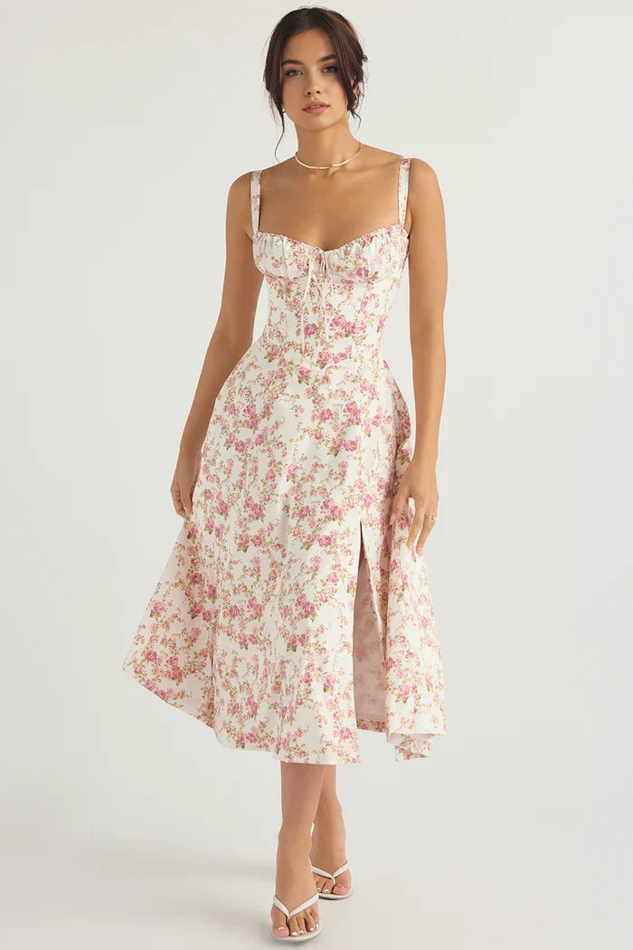Corset midi dress with ruched sweetheart bust, tie detail and flared skirt with slit