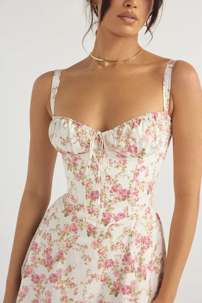Corset midi dress with ruched sweetheart bust, tie detail and flared skirt with slit - view 10