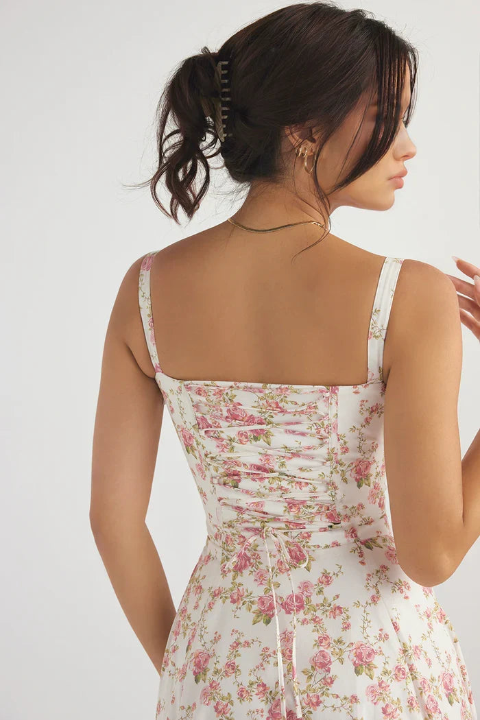 Corset midi dress with ruched sweetheart bust, tie detail and flared skirt with slit - view 11