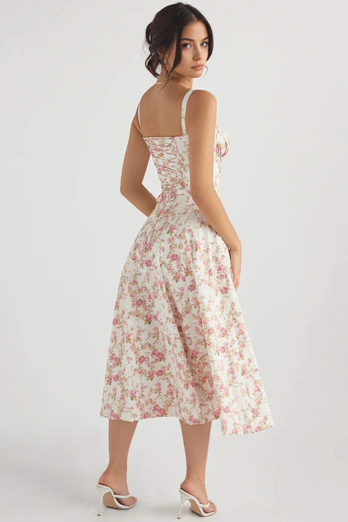 Corset midi dress with ruched sweetheart bust, tie detail and flared skirt with slit - view 12