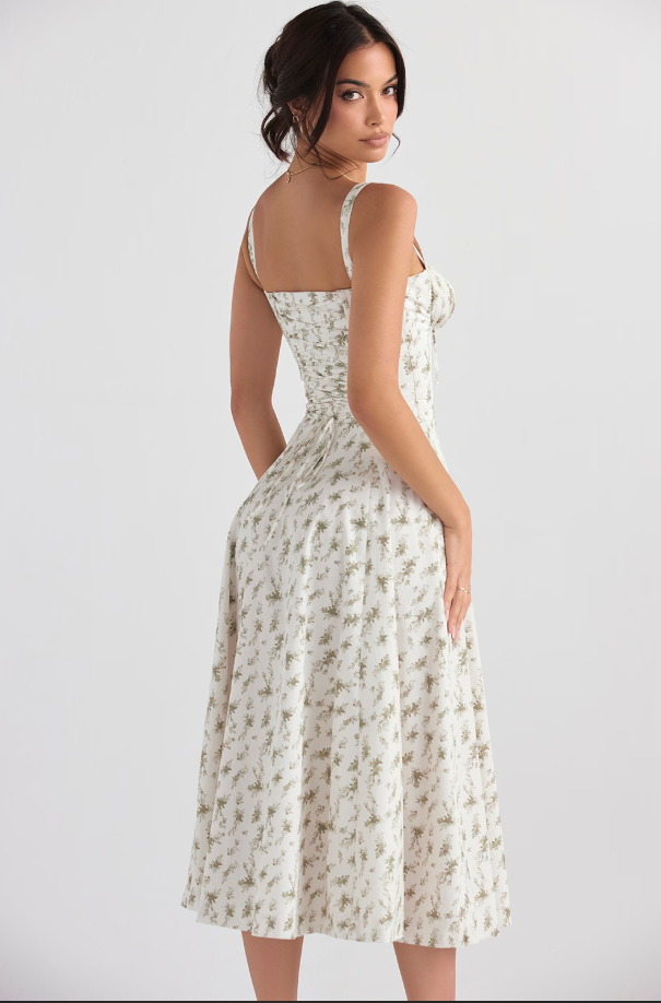 Corset midi dress with ruched sweetheart bust, tie detail and flared skirt with slit - view 13