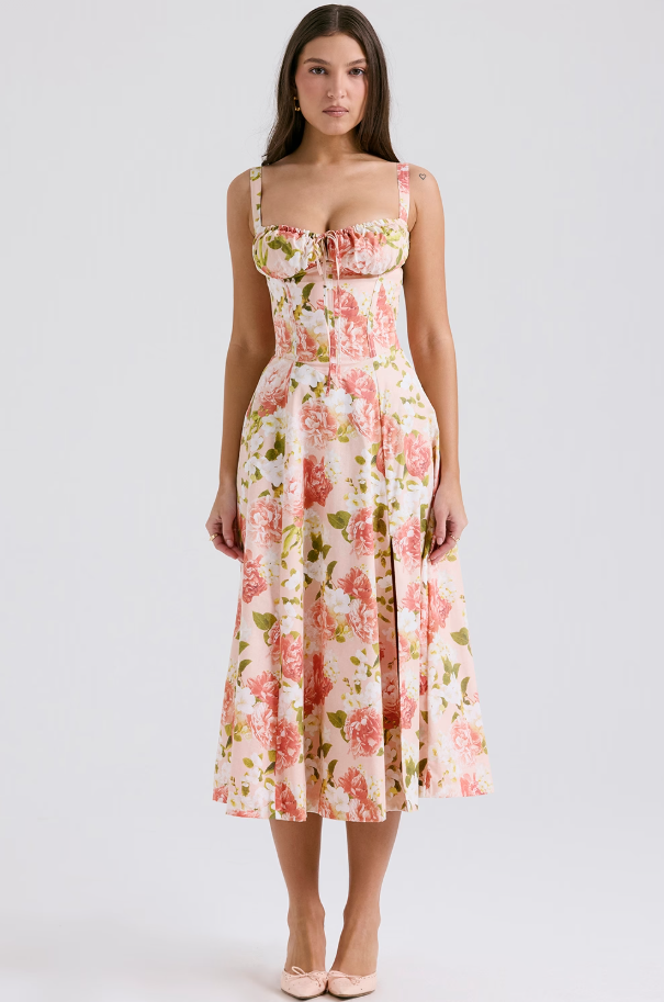 Corset midi dress with ruched sweetheart bust, tie detail and flared skirt with slit - view 14