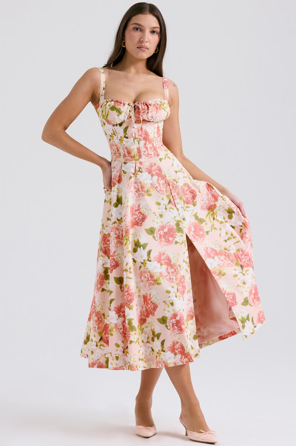 Corset midi dress with ruched sweetheart bust, tie detail and flared skirt with slit - view 15