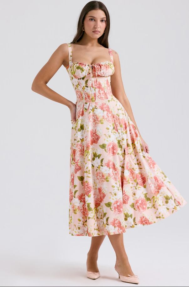 Corset midi dress with ruched sweetheart bust, tie detail and flared skirt with slit - view 16