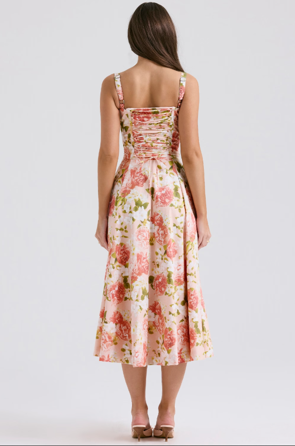 Corset midi dress with ruched sweetheart bust, tie detail and flared skirt with slit - view 17