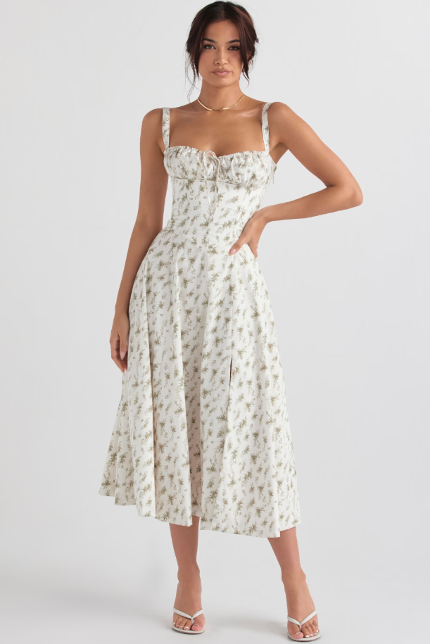 Corset midi dress with ruched sweetheart bust, tie detail and flared skirt with slit - view 18