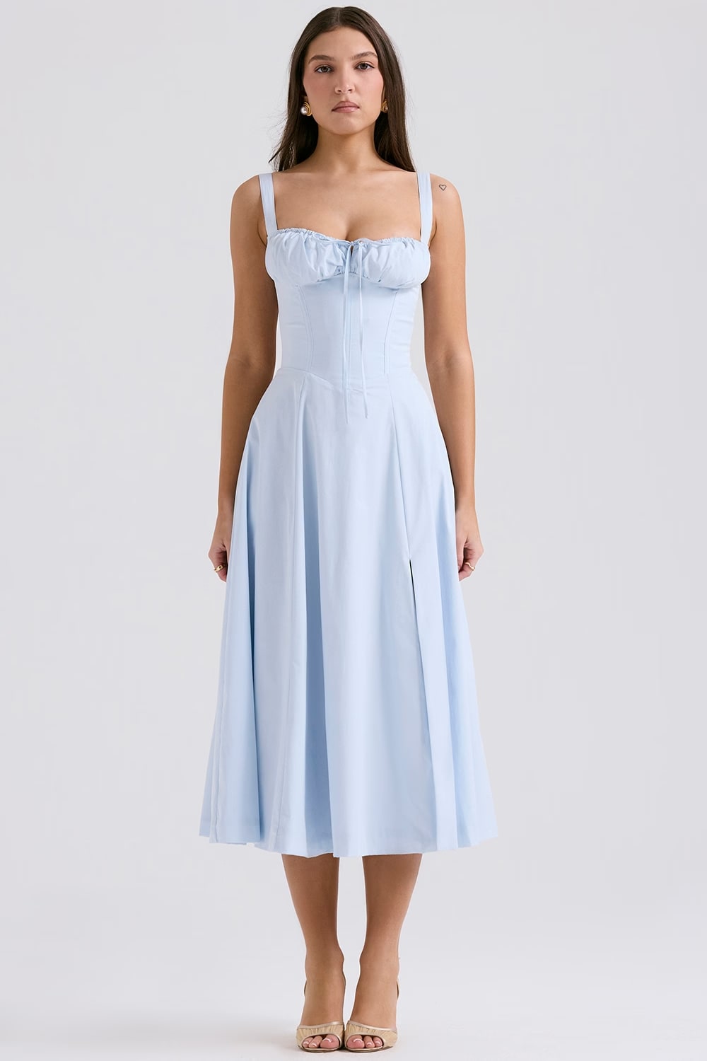 Corset midi dress with ruched sweetheart bust, tie detail and flared skirt with slit - view 2