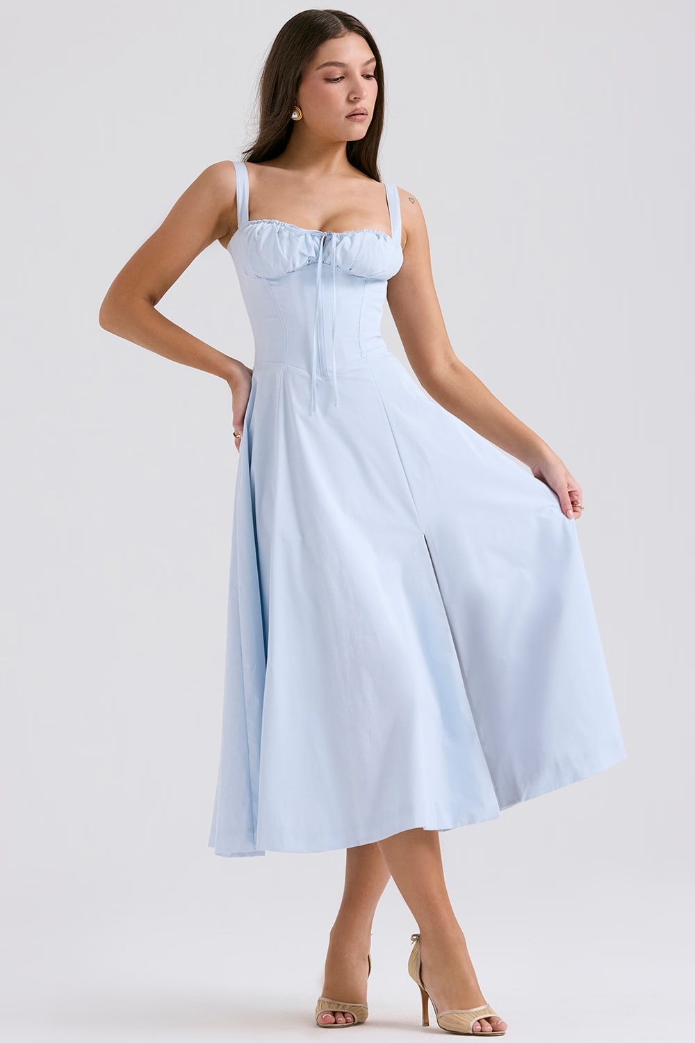 Corset midi dress with ruched sweetheart bust, tie detail and flared skirt with slit - view 3