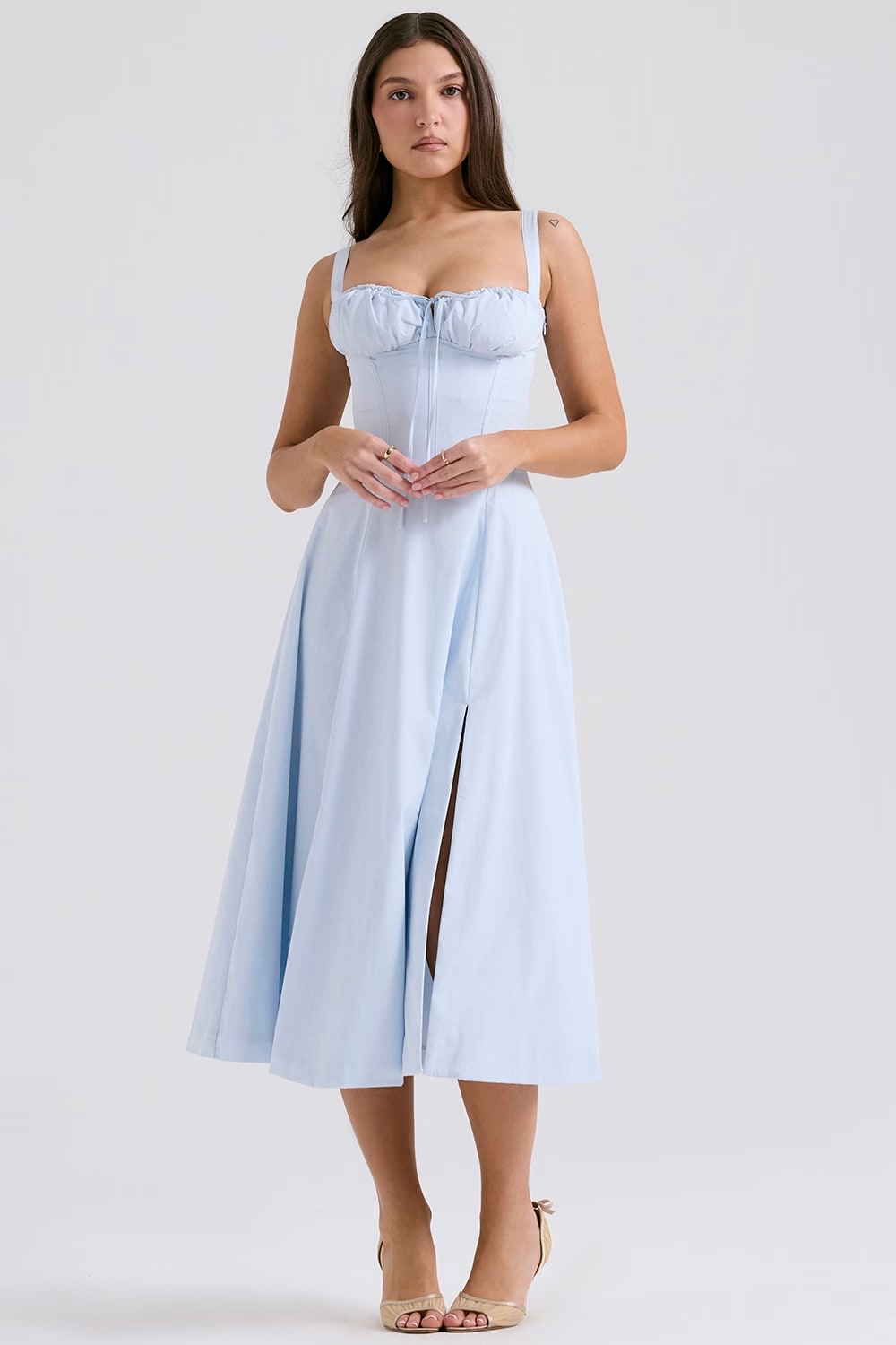 Corset midi dress with ruched sweetheart bust, tie detail and flared skirt with slit - view 4