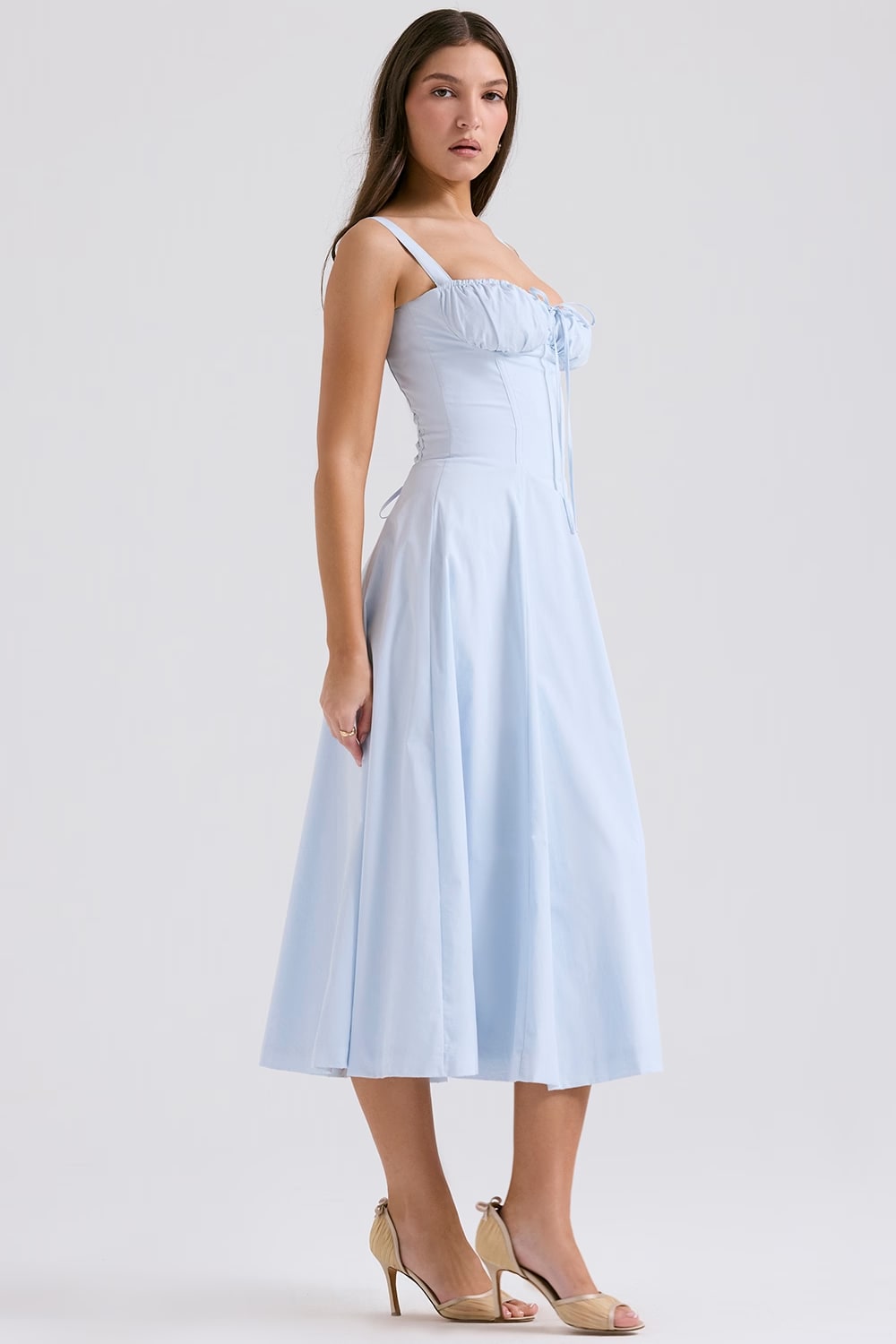 Corset midi dress with ruched sweetheart bust, tie detail and flared skirt with slit - view 5