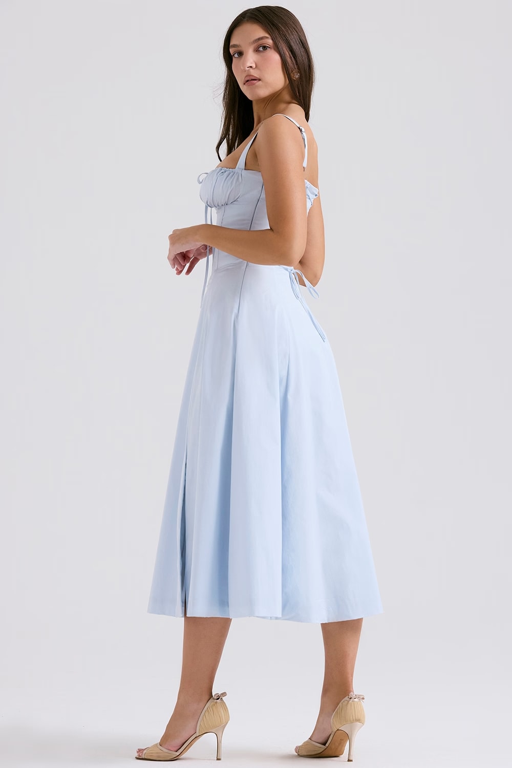 Corset midi dress with ruched sweetheart bust, tie detail and flared skirt with slit - view 6