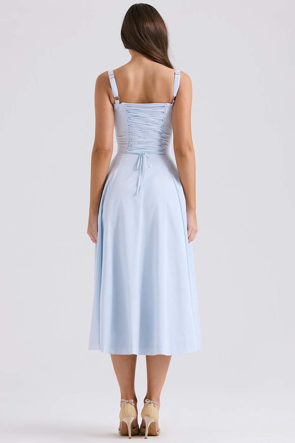 Corset midi dress with ruched sweetheart bust, tie detail and flared skirt with slit - view 7