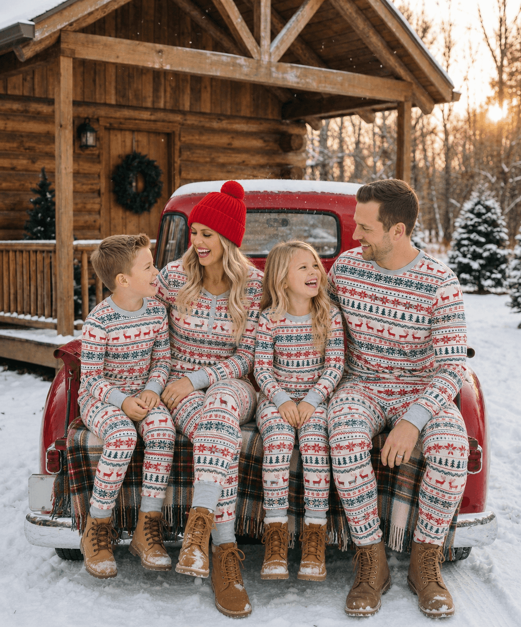Matching family Christmas pyjamas with cream, red and green reindeer Fair Isle print and grey ribbed cuffs