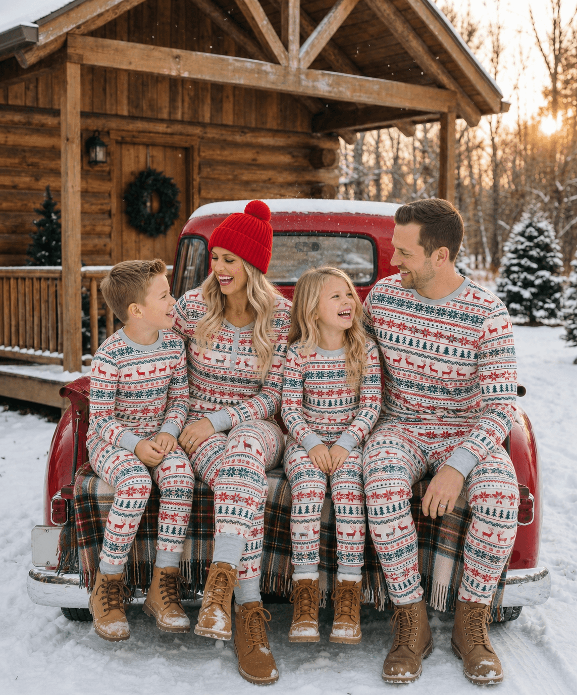 Matching family Christmas pyjamas with cream, red and green reindeer Fair Isle print and grey ribbed cuffs