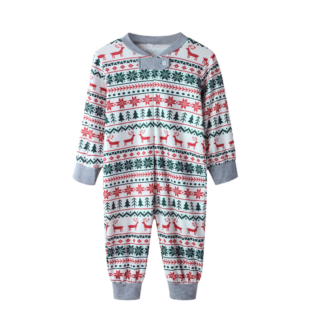 Matching family Christmas pyjamas with cream, red and green reindeer Fair Isle print and grey ribbed cuffs - view 10