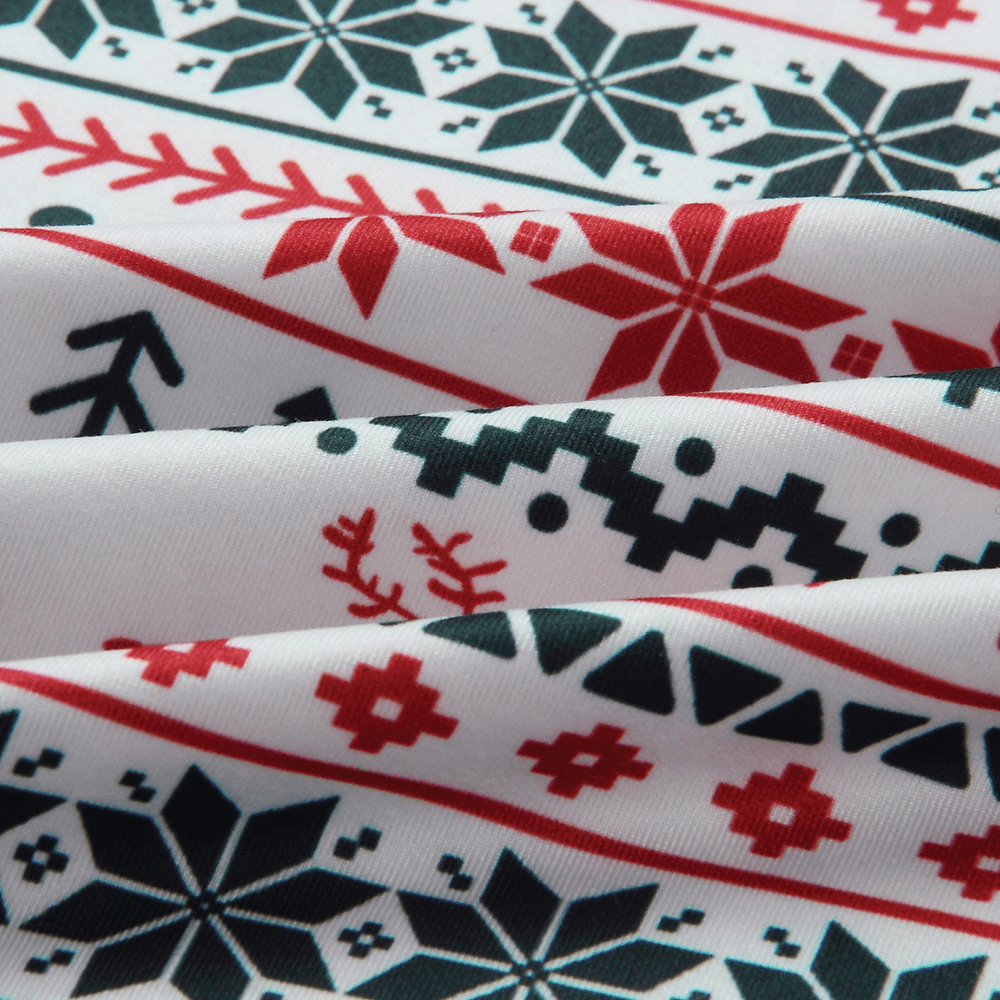 Matching family Christmas pyjamas with cream, red and green reindeer Fair Isle print and grey ribbed cuffs - view 11