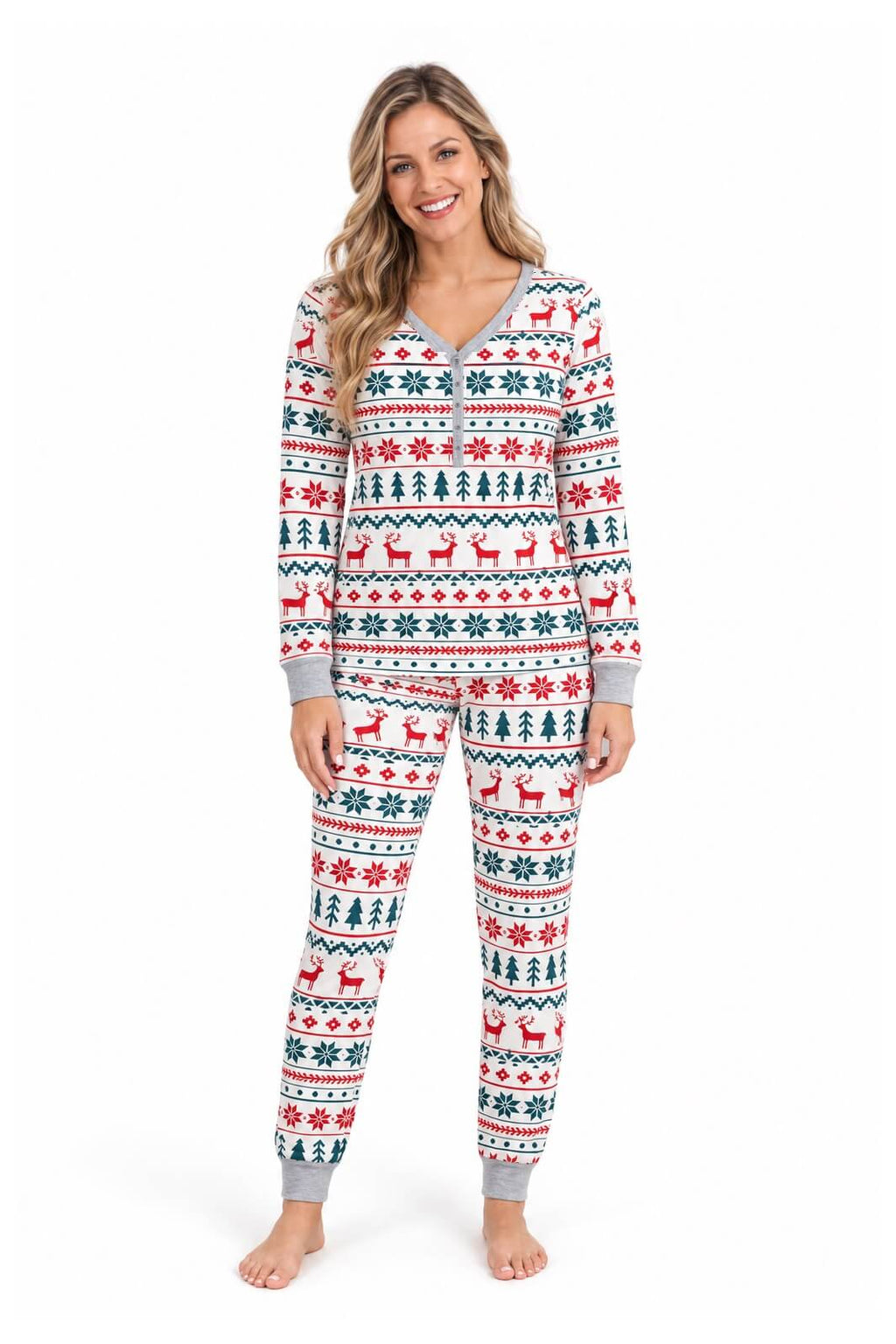 Matching family Christmas pyjamas with cream, red and green reindeer Fair Isle print and grey ribbed cuffs - view 12