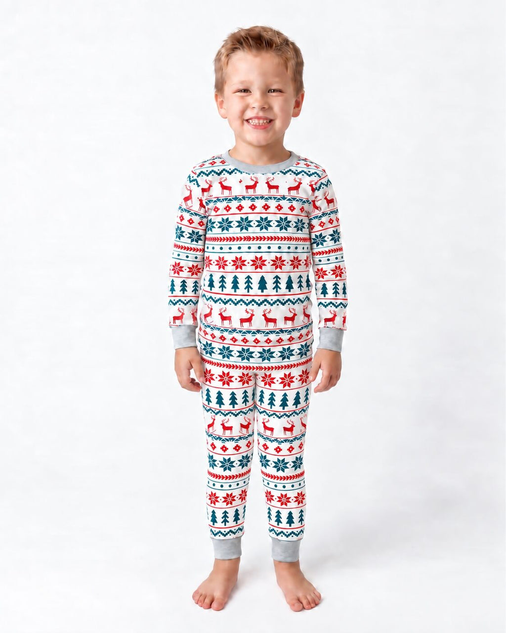 Matching family Christmas pyjamas with cream, red and green reindeer Fair Isle print and grey ribbed cuffs - view 13