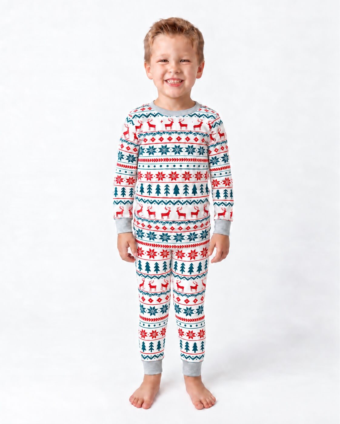 Matching family Christmas pyjamas with cream, red and green reindeer Fair Isle print and grey ribbed cuffs - view 13