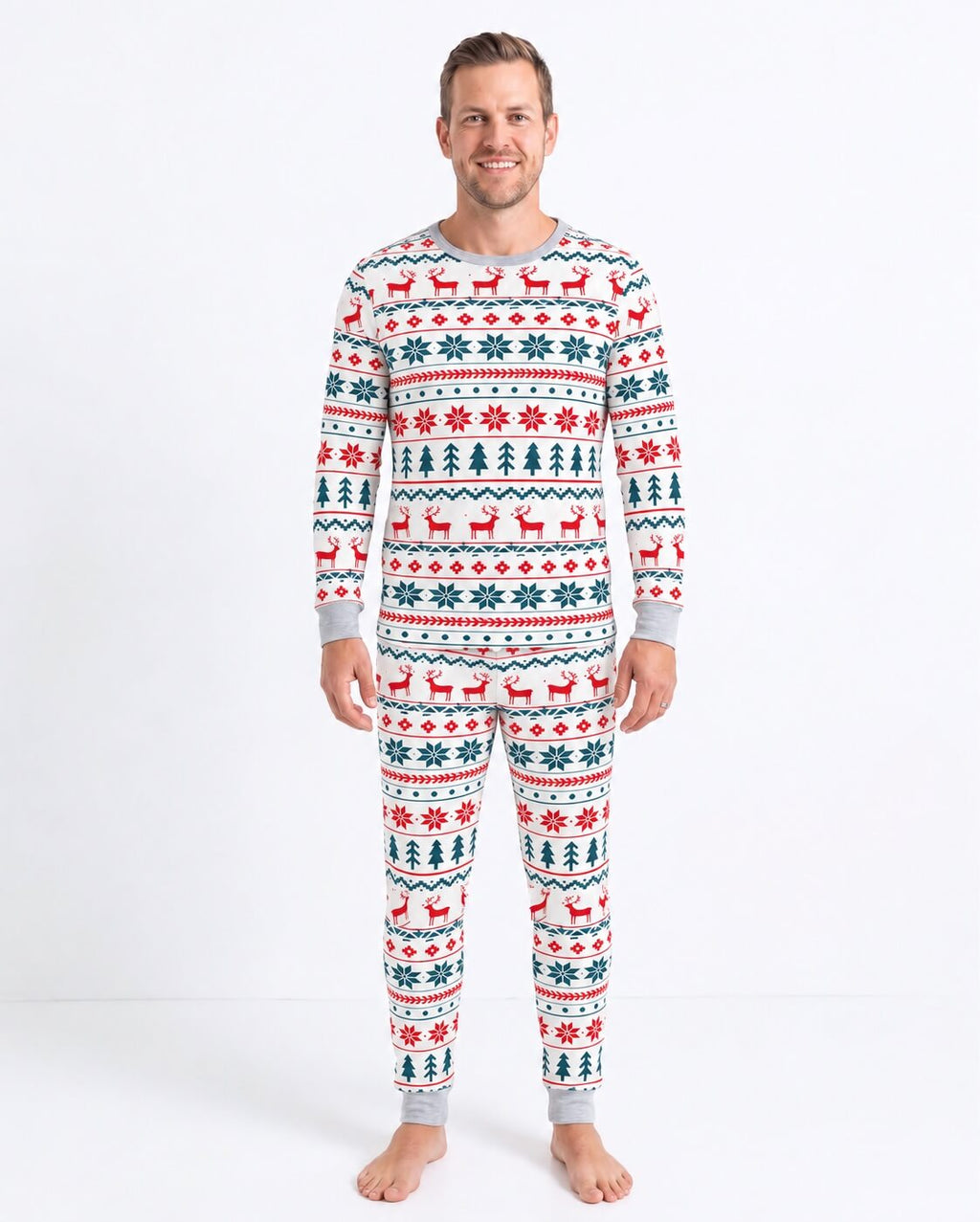 Matching family Christmas pyjamas with cream, red and green reindeer Fair Isle print and grey ribbed cuffs - view 15
