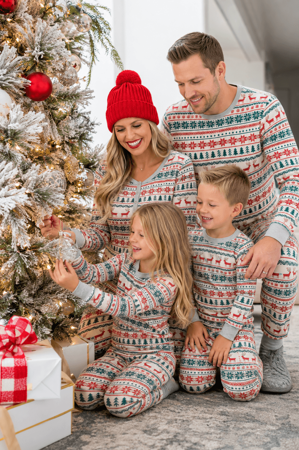 Matching family Christmas pyjamas with cream, red and green reindeer Fair Isle print and grey ribbed cuffs - view 2
