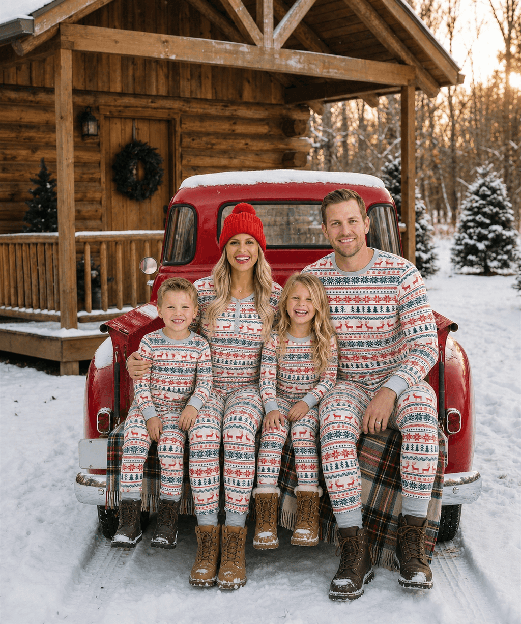 Matching family Christmas pyjamas with cream, red and green reindeer Fair Isle print and grey ribbed cuffs - view 3