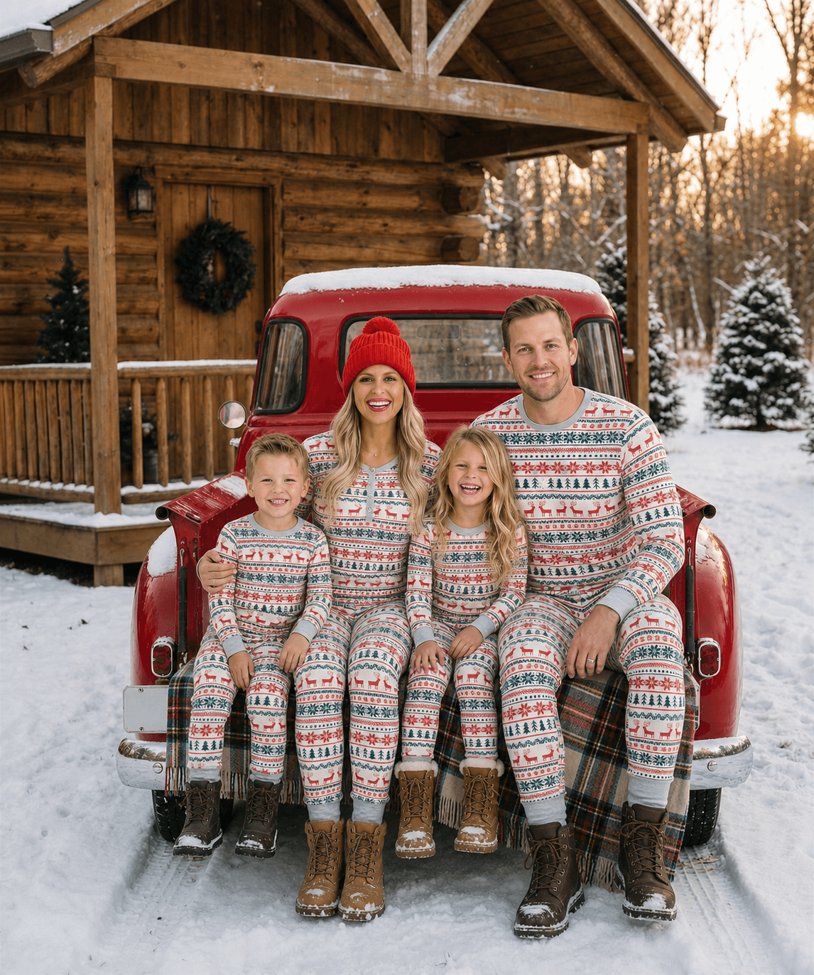 Matching family Christmas pyjamas with cream, red and green reindeer Fair Isle print and grey ribbed cuffs - view 3