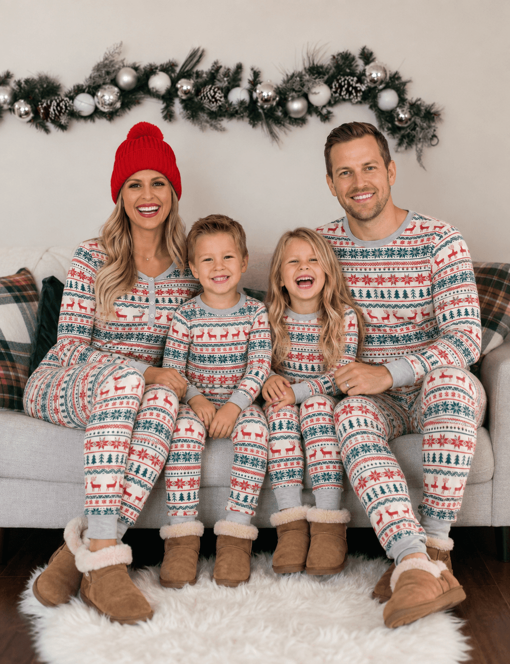 Matching family Christmas pyjamas with cream, red and green reindeer Fair Isle print and grey ribbed cuffs - view 4