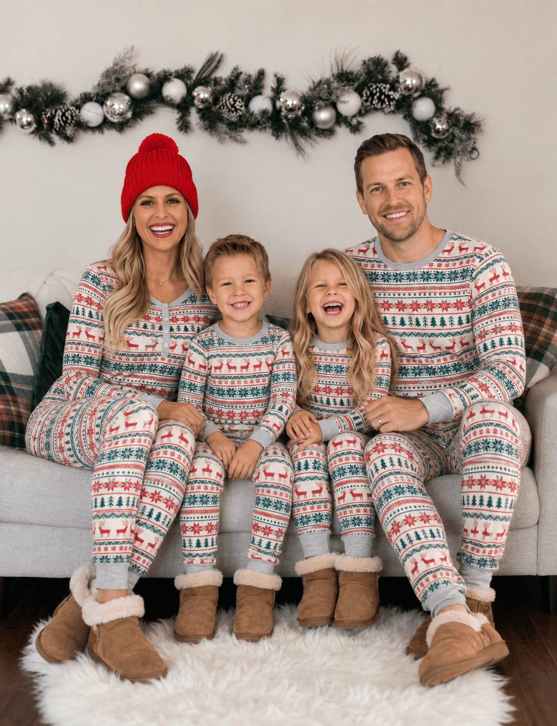 Matching family Christmas pyjamas with cream, red and green reindeer Fair Isle print and grey ribbed cuffs - view 4