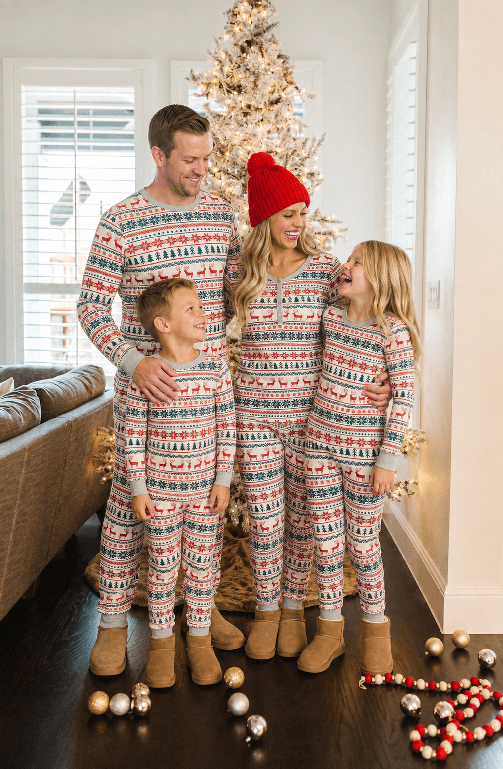 Matching family Christmas pyjamas with cream, red and green reindeer Fair Isle print and grey ribbed cuffs - view 5