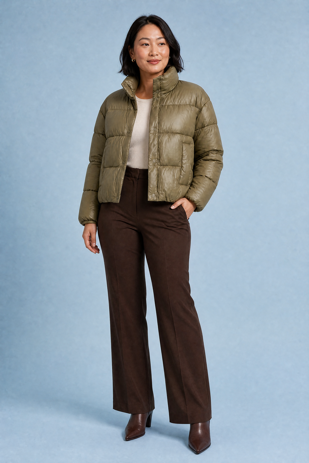 Olive Quilted High-Neck Puffer Jacket