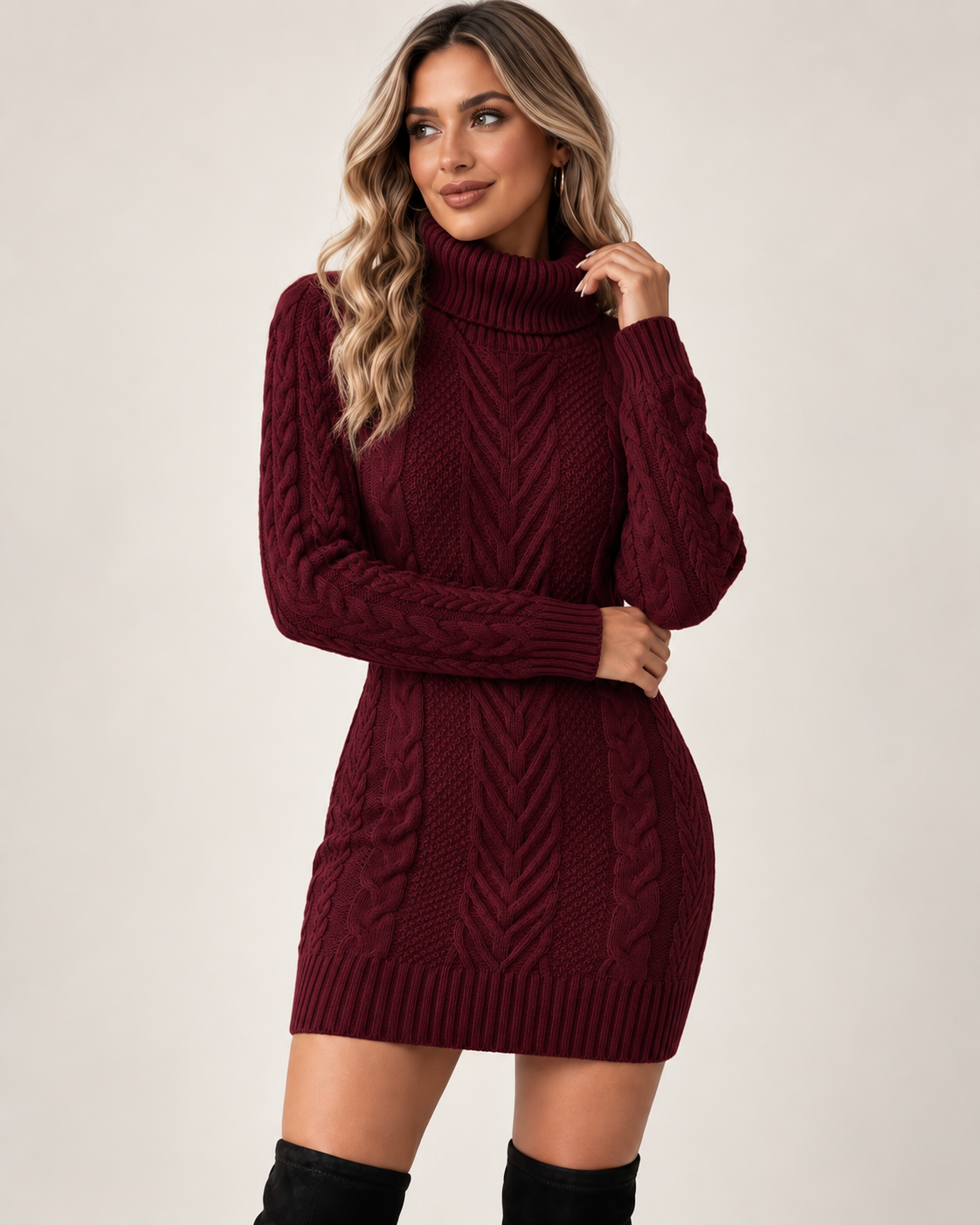 Claudine | Cosy Cable Knit Jumper Dress for Women with High Roll Neck