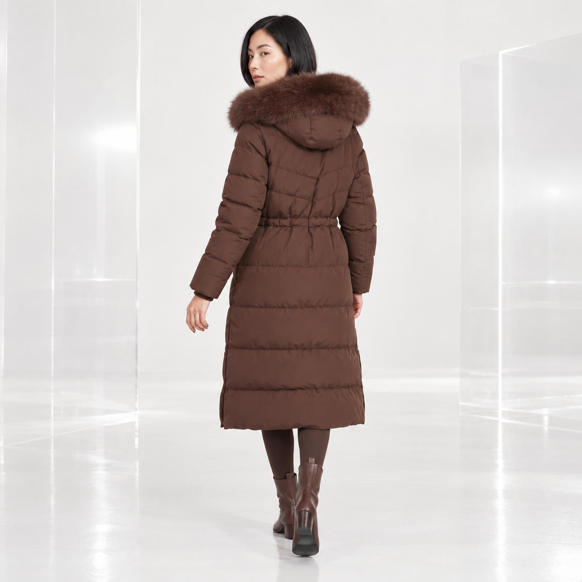 Celestine | Elegant Brown Puffer Coat for Women with Longline Shape & Faux-Fur Hood
