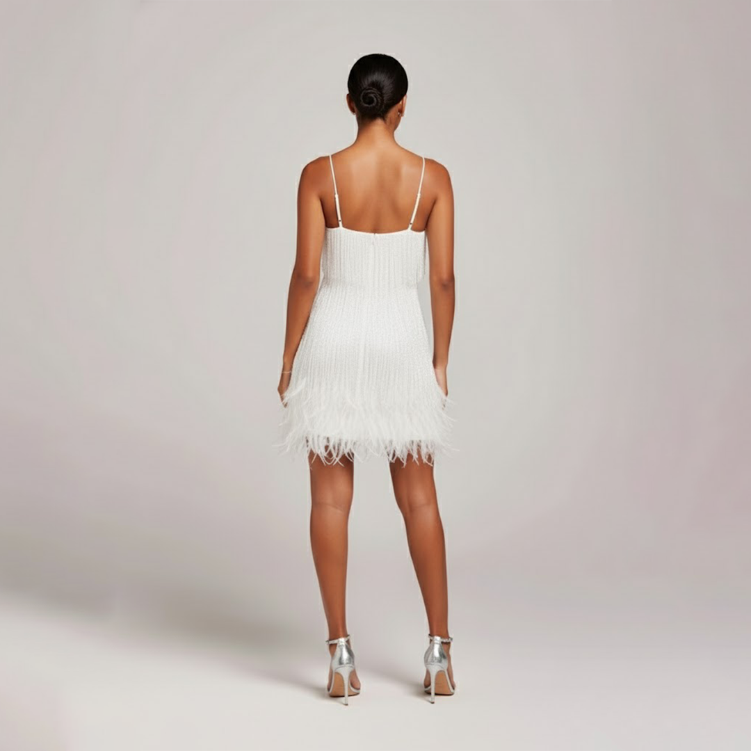 Fringe mini dress with feather-trim hem and spaghetti straps - view 3