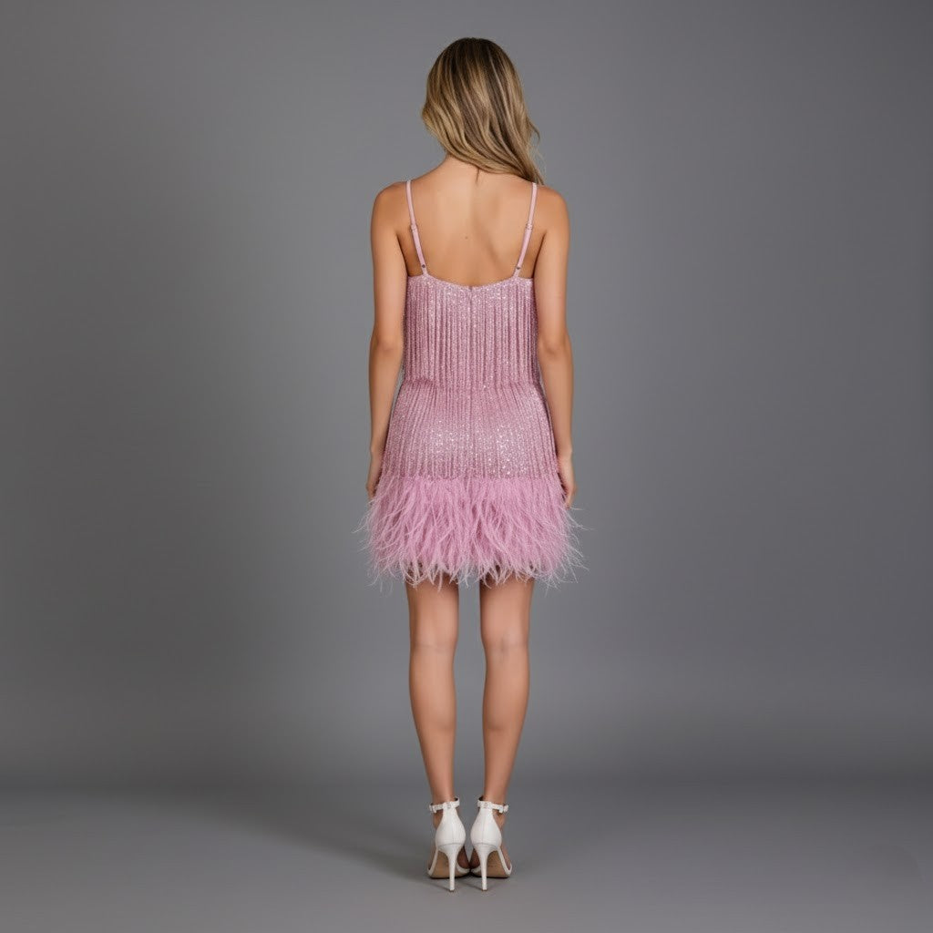 Fringe mini dress with feather-trim hem and spaghetti straps - view 7