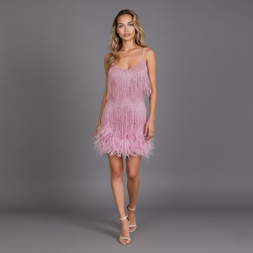 Fringe mini dress with feather-trim hem and spaghetti straps - view 9