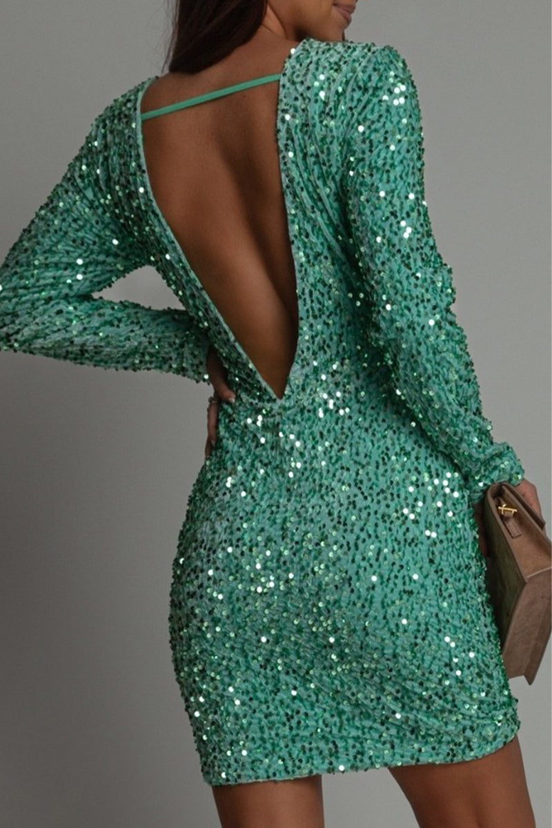 Long sleeve sequin mini dress with crew neck and fitted bodycon cut - view 6