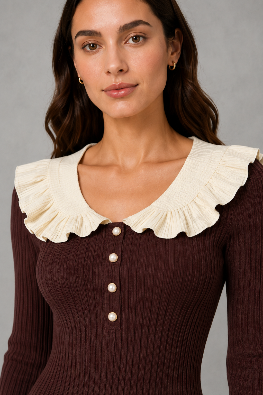 Fitted ribbed knit midi jumper dress with cream ruffle collar, pearl-effect buttons and ruffle hem - view 3