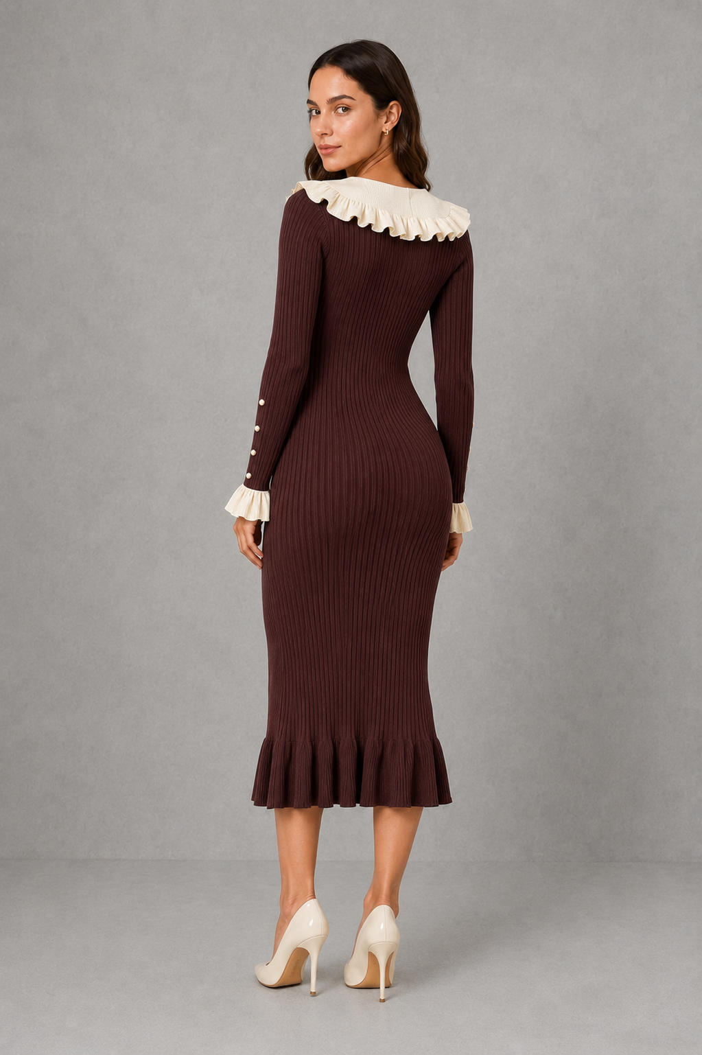 Fitted ribbed knit midi jumper dress with cream ruffle collar, pearl-effect buttons and ruffle hem - view 4